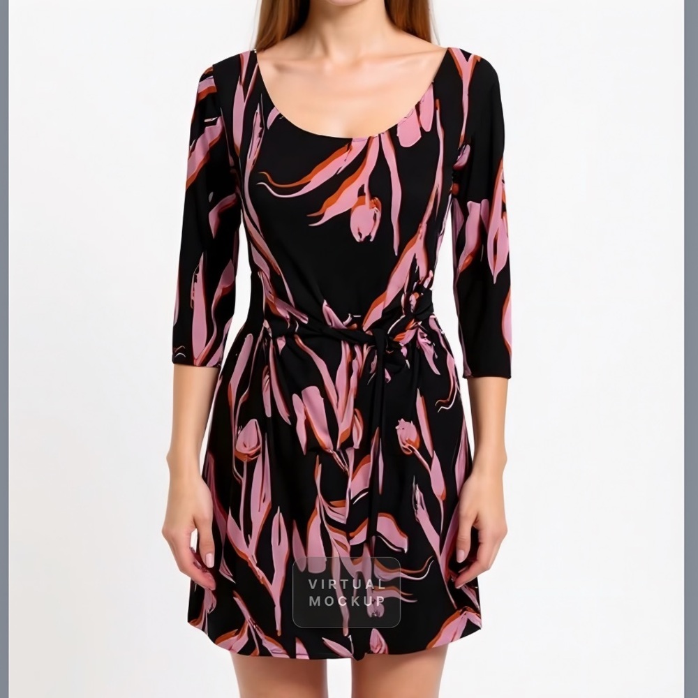 Moci by Purple Rain Black, Pink & Red Pattern Midi Dress & 3/4 Sleeve - M